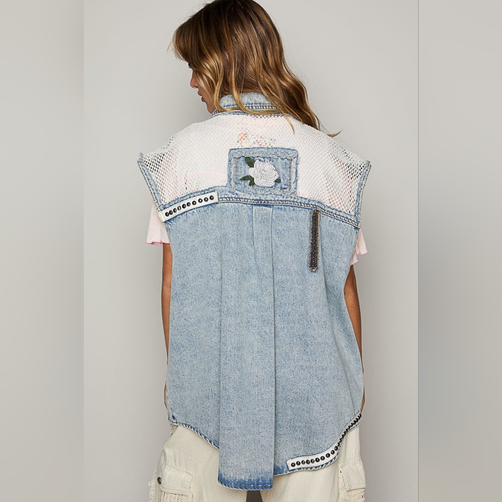 POL Denim Patchwork Embroidered Studded Fishnet Button-Up Vest – Size Small, NWT - Picture 4 of 10